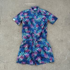 Zesties Romper Mens L Tropical Leaf Print Short Sleeve Blue Pink Green Summer